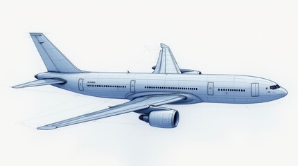 Obraz premium A detailed blueprint of a passenger jet airplane design, showcasing precise technical drawings of wings, engines, and fuselage structure, with aerodynamic lines and engineering 