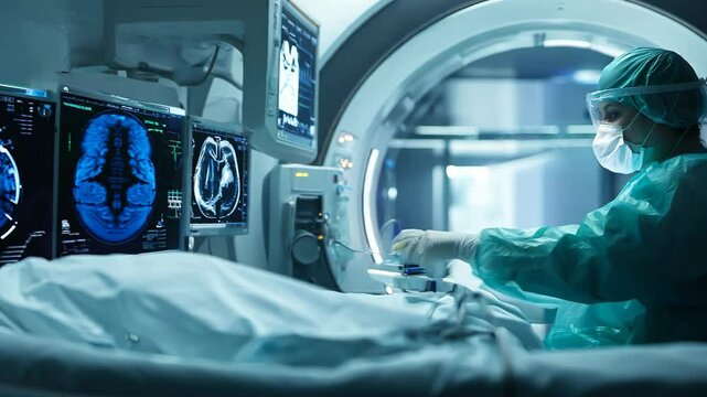 A healthcare worker in protective gear prepares to take scans in a medical imaging room. Equipment displays images, emphasizing the importance of diagnostics in patient treatment