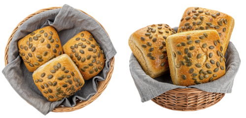 Pumpkin seed bread rolls in wicker baskets with napkins isolated on a transparent background