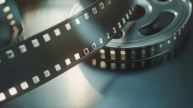 Vintage film reel spinning beside unraveling celluloid, metallic surface gleaming, echoing cinematic storytelling heritage with nostalgic analog elegance
