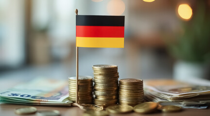 german flag stands amongst stacks of coins symbolizing financial success
