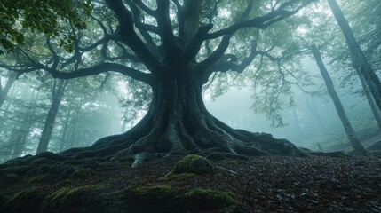 Mystical woodland landscape featuring ancient oak tree and ethereal misty atmosphere