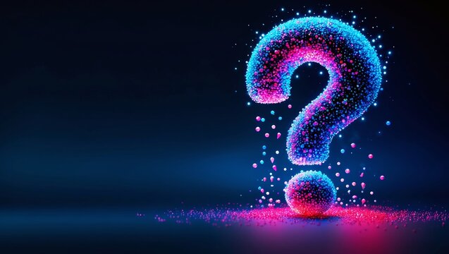 Ethereal 3d question mark crafted from glowing particles with vibrant shades of blue pink and red against a dark gradient background