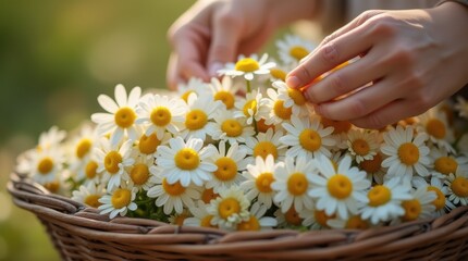 Close-up of hands picking fresh chamomile flowers for herbal tea, delicate white petals with yellow centers resting in a woven basket