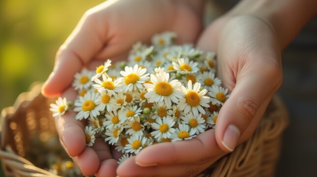 Close-up of hands picking fresh chamomile flowers for herbal tea, delicate white petals with yellow centers resting in a woven basket