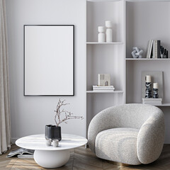 Poster mockup in a modern living room interior. Frame mockup with ISO A paper size. 3D illustration.