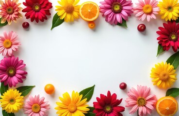 Obraz premium Flat lay composition with flowers, fruits on white background. Colorful daisies, oranges, plums frame blank space. Summer flowers, fresh fruits mockup. Bright floral layout for blogs, cards, social