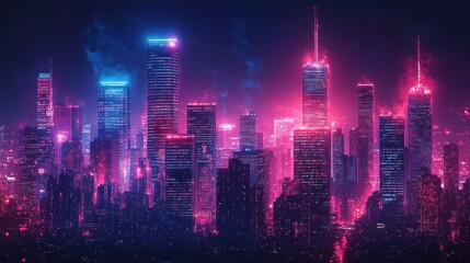 Neon-lit futuristic cityscape at night, glowing skyscrapers and vibrant colors.