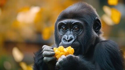 Obraz premium Close-up of a young gorilla eating cubed fruit against a blurred autumn background.