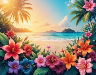 Tropical sunset beach scene with colorful flowers coastal paradise digital art serene environment wide view nature's beauty