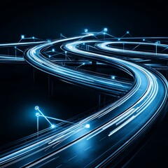 A stunning nighttime view of illuminated highways, showcasing dynamic light trails and intricate road patterns against a dark backdrop.