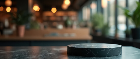 Obraz premium dark grey marble display stand in modern cafe setting