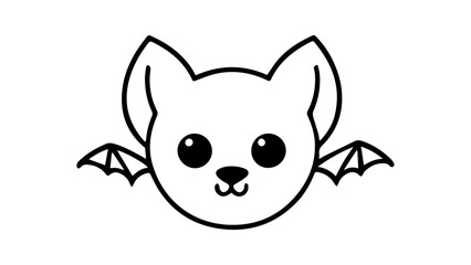 black and white outline shape of a circle cartoon bat, cute bat icon vector outline shape