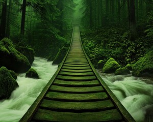 Obraz premium Ancient wooden bridge crossing a rapid stream in a dense and verdant forest