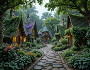 Fototapeta premium Charming pathway through quaint cottage village enchanted forest digital art serene aerial perspective