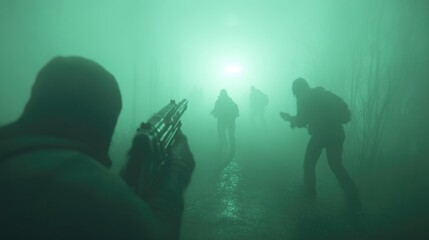 Fog-shrouded, armed figures in a tense confrontation