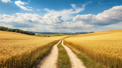 Picturesque rural landscape with a winding dirt path through golden wheat fields