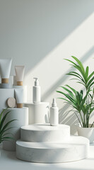 white skincare products displayed on marble platforms with greenery