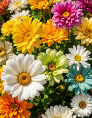 Beautiful flower garden of saturated blooms set against a bright blue sky backdrop