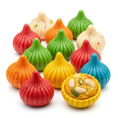 Obraz premium Colorful Modak Sweets Isolated on White - Vibrant assortment of Modak sweets, traditional Indian treats, symbolizing festive joy, deliciousness, cultural heritage, religious celebration