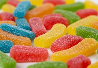 Colorful Sugar Candy Assortment - A close-up shot of assorted colorful sugary candies, perfect for food blogs, websites, or packaging