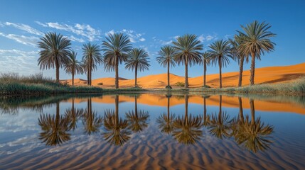 Oasis with palm trees reflecting in calm water, desert landscape.