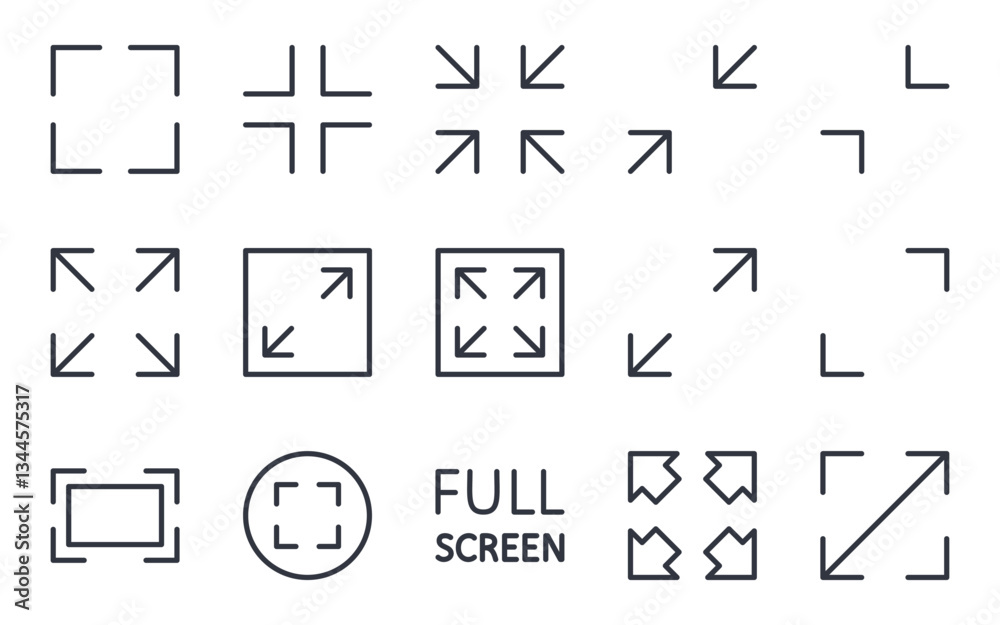 Fototapete Vector icons full screen and exit screen. Arrows and scalable interface symbols for web, app, media, and UI design. Editable stroke line set for screen size control and navigation.