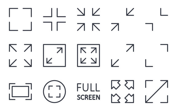 Vector icons full screen and exit screen. Arrows and scalable interface symbols for web, app, media, and UI design. Editable stroke line set for screen size control and navigation.