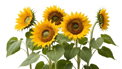 Obraz premium Bright sunflowers in full bloom against a white background. A close-up, studio shot of several vibrant sunflowers with lush green leaves.