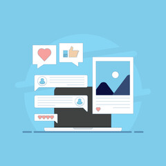 social media concept, feedback, comments, on smart device screen, social media marketing, mobile app, banner, business content strategy, digital marketing online connection, flat illustration.