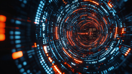 Obraz premium Futuristic Cyber Data Tunnel with Glowing Blue and Orange Digital Elements in a High-Tech Virtual Space, Representing Information Flow, Big Data, Blockchain, and AI-Driven Innovation