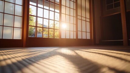 Warm Sunlight Illuminates Traditional Japanese Room with Shoji Screens