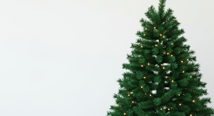 Fototapeta premium Decorated Christmas Tree Against White Wall - A beautifully decorated Christmas tree with warm white lights stands against a simple white background, perfect for holiday cards or websites
