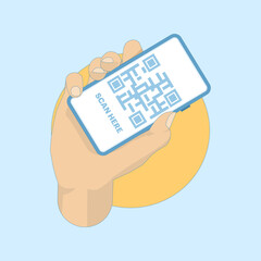 QR Code Scanning Concept Here. Hold the Phone with the QR Code. Scan the QR code now. The smart phone and the quick response code inside it are ready to be scanned. Flat Illustration Design.