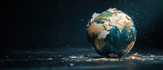 globe in pieces resting on dark reflective surface, symbolizing fragility and change. fragmented earth evokes sense of urgency and reflection on our planet state