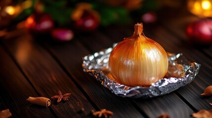 Roasted onion on foil with spices and vegetables on rustic wooden table.