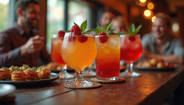 Vibrant cocktails and appetizers at rustic bar. Friends enjoy happy hour, socializing, laughing. Tasty drinks with raspberry and mint on wooden table for dinner or brunch.