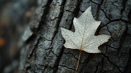 Captivating macro shot showcasing a single dew-covered leaf resting on rough bark