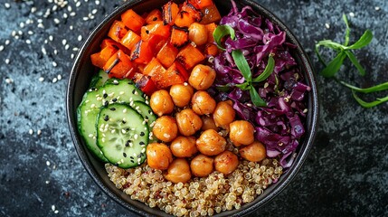 Colorful bowl of healthy vegetables and grains.