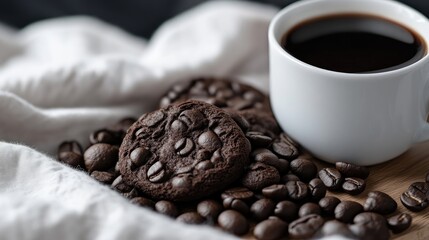 Dark chocolate chip cookies and coffee.  A close-up of two chocolate chip cookies nestled amongst coffee beans, accompanied by a small cup of coffee on a wooden surface. Soft, natural light