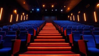 Empty Movie Theater Auditorium with Red and Blue Seats