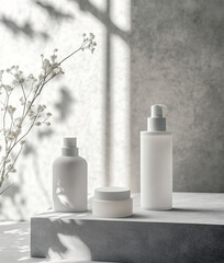 White cosmetic bottles and jars standing on marble shelf in bathroom	