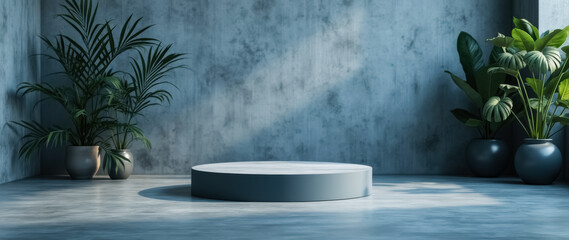 circular platform display with greenery against textured blue wall