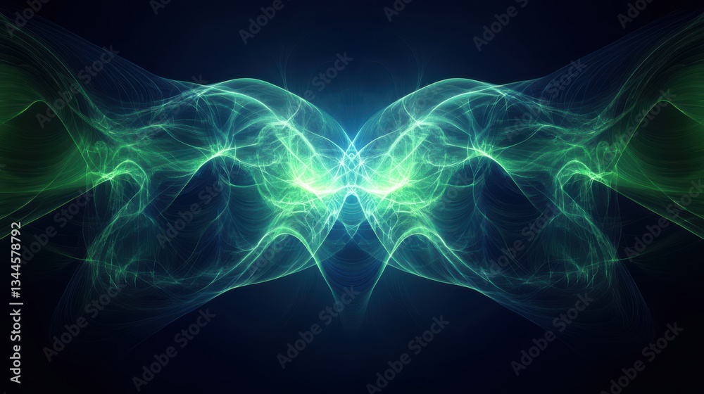 Poster Abstract quantum computing visualization, glowing particles forming intricate wave patterns, deep blue and electric green color palette, futuristic energy flow