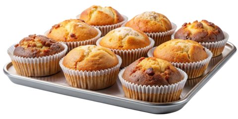 Tray of Freshly Baked Muffins with Golden Tops - A tray filled with delicious, golden-brown muffins in paper liners, featuring different flavors like chocolate chip and vanilla, fresh from the oven.

