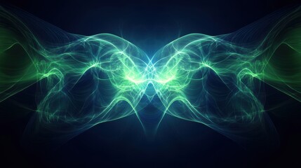 Naklejka premium Abstract quantum computing visualization, glowing particles forming intricate wave patterns, deep blue and electric green color palette, futuristic energy flow