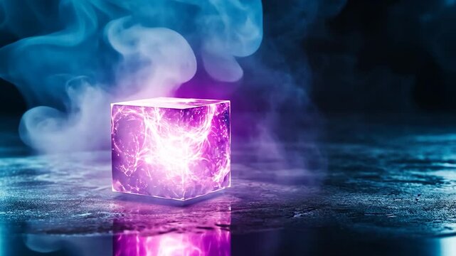 A glowing purple ice cube surrounded by swirling mist in a dark, atmospheric setting