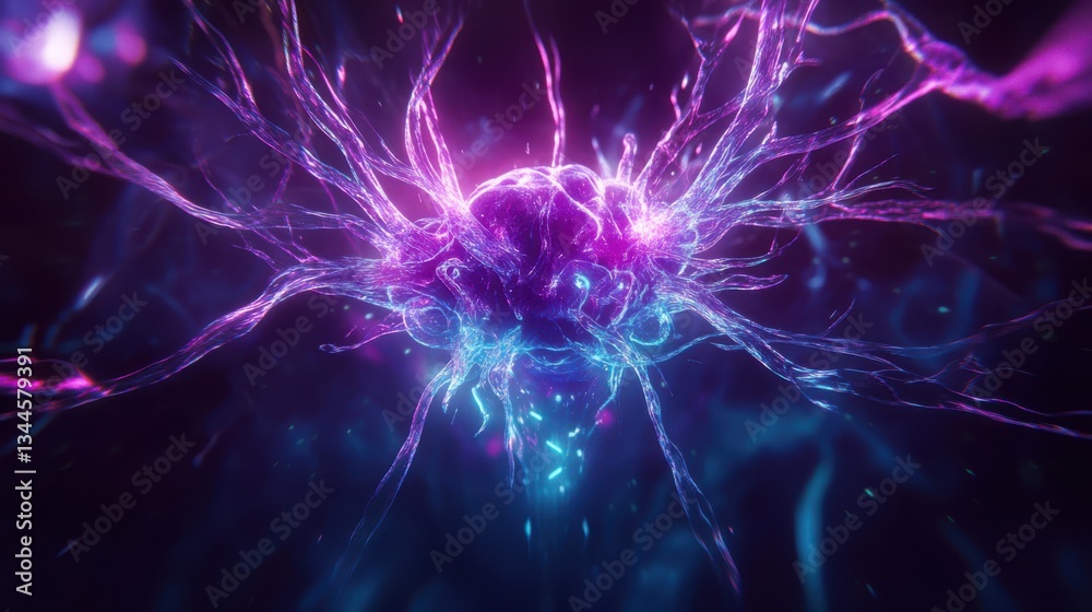 Poster Abstract visualization of artificial intelligence, glowing neural connections forming a complex digital network, deep blue and purple tones, futuristic cyber aesthetics.