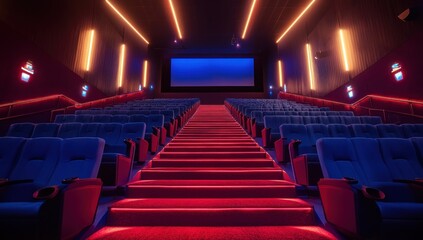 Naklejka premium Neon-Lit Movie Theater Auditorium: A Cinematic Experience