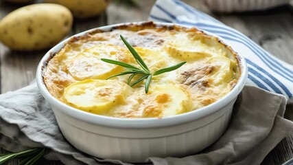 Layered potato gratin with rosemary, golden crusted and bubbling, resting on weathered wooden background, revealing rustic cooking skill - Powered by Adobe
